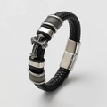 Triple-layer black braided leather bracelet for men with silver steel cross and magnetic clasp - Silver/Carved Cross
