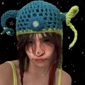 Handmade knitted devil horn beanie in vibrant blue and neon green crochet style - Teal