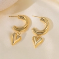 Minimalist double layer C-shaped gold hoop earrings with polished heart pendants - Curved Hook Heart Earring (G3075)