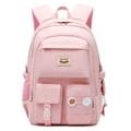 Mochila escolar rosa de nailon impermeable con múltiples bolsillos y parches decorativos - Solo Bolso / Rosa