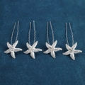 Set of four silver starfish U-shaped hair pins with sparkling white rhinestones for bridal - Full Rhinestone Sea Star Style (FZ-001) / 4Pcs Set / Silver