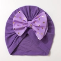 Purple baby turban hat featuring a large gold foil polka dot mesh bow on cotton fabric - Purple