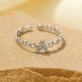S925 sterling silver open ring with letter A and chain design inlaid with white zircons - Silver-Letter A