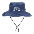 Outdoor navy denim bucket hat with mountain bigfoot embroidery and windproof rope - Navy Blue Washed Cotton / Navy Blue