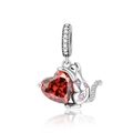 Macro detail of cat charm with red heart stone and S925 hallmark on white background - CCT438-Cat Holding Red Heart