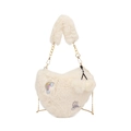 White heart-shaped plush crossbody bag featuring rainbow rabbit embroidery and chain strap - Off White
