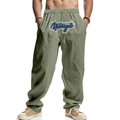 Men's loose linen jogger pants in sage green with vintage motorcycle embroidery print - Army Green
