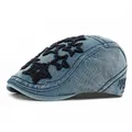 Classic light blue washed denim ivy cap with black plush star patches and side embroidery - Adjustable / Navy Blue