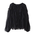 Detail view of the black chiffon blouse featuring ruffled sleeves and button closure - Black