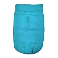 Detail of teal quilted dog winter vest showing leash hole and elastic hem on white background - Fleece-lined Dog Vest - Sky Blue