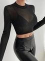 Slim fit black mesh long sleeve cropped top with subtle shimmer and crew neck design - S / Black