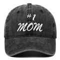 Vintage washed dark grey cotton baseball cap featuring white #1 MOM embroidery on front - Adjustable / Black