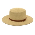 Elegant beige straw boater hat with a dark brown leather band and gold buckle detail - M (56-58cm) / Beige