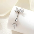 Silver bow and heart pendant belly button ring with sparkling clear gemstones - White Bowknot + White Heart (Single Piece)