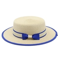 Women's chic beige straw sun hat with blue ribbon bow and wide brim for beach outings - Beige