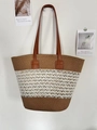 Brown and white woven straw tote bag with leather straps in French vacation style - Coffee White Linen