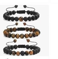 Three-piece men's bracelet set with matte black beads, lava stone, and tiger eye accents - Matte Black + Tiger Eye + Lava Woven