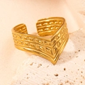Adjustable golden titanium steel wide band ring with geometric textured relief design - Heart Gold 48
