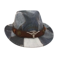 Cappello da cowboy patchwork in denim per bambini con cinturino in pelle e testa di toro - Taglia Bambino (Pizzicato sulla parte superiore) / Nero (Ornamento Testa di Mucca)