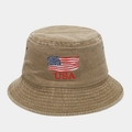 Detail of USA flag embroidery on washed khaki cotton bucket hat with multi-row stitching - Khaki