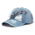 Detailed close-up of light blue distressed denim baseball cap with BEST embroidery - One Size(Adjustable) / Light Blue - BEST Letters (B)
