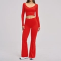 Women's red brushed yoga set with long sleeve crop top and high waist flared leggings - 3109 Long-sleeved Shirt + 3109 Flare Pants - Bright Red