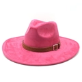 Rose pink wide brim suede fedora hat with brown leather braided band for elegant women - M (56-59cm) / Rose Red (Suede)