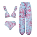 Detailed flat lay of a blue three-piece floral bikini set with high-waist drawstring pants - Y14 Blue Pants Set