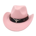 Detail of pink felt cowboy hat with leather band and silver ox head metal ornament - One Size / Pink
