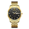Macro shot of gold quartz watch dial with roman numerals and dual date window - All Gold Steel Strap Black Dial