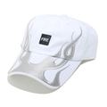 Close-up of white baseball cap with silver flame embroidery and FIRE patch detail - M (56-58cm) / White