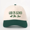 Two-tone baseball cap in beige and dark green with God Is Good embroidery detail - Beige and Dark Green