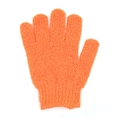 Exfoliating five-finger bath glove in vibrant orange with textured nylon scrubbing surface - M / Orange