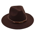 Close-up of brown wool fedora with rainbow beaded band and golden feather charm - Coffee (Gold Feather)