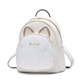 Cute white PU leather mini backpack with sequined pocket and rhinestone cat ears - White