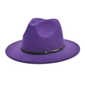Detail of a purple wool fedora hat featuring a black leather belt with metal buckle and studs - M (56-58cm) / Purple