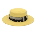 Yellow wide brim straw hat with pearl and rhinestone band for summer sun protection - Neon Yellow