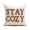 Beige Christmas throw pillow cover with brown STAY COZY tufted embroidery and linen texture - STAY COZY Lettering