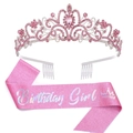 Pink glitter 'Birthday Girl' sash and crystal rhinestone crown set for party decor - One Size / Pink Italic Girl Set