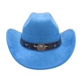 Bright blue Western cowboy hat featuring a vintage gold lion head buckle and curved brim - One Size / Blue (Lion Head)