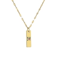 Detail of gold rectangular pendant with colorful cubic zirconia letter N on link chain - Letter N
