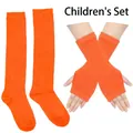 Detailed view of orange knitted children's set with long socks and fingerless arm sleeves - Solid Orange