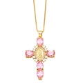 Detail of gold cross pendant featuring pink teardrop gems and a Virgin Mary relief - Pink