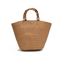 Straw woven tote bag in natural brown with unique bamboo handles for summer vacation - Khaki