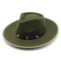 Chapeau fedora en feutre de laine olive foncé avec bord large et bande en cuir clouté - M (56-58cm) / Vert Militaire