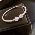 Silver open cuff bracelet featuring double clover motifs paved with sparkling zircons - 17# Silver Clover