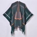 Detail of dark green, orange and grey plaid shawl with decorative fringe tassels - Tassel Fine Stripe Plaid Green
