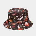 Close-up of brown bucket hat featuring colorful cartoon mushroom and floral patterns - M (56-58cm) / Color 5
