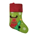 Linen Christmas stocking in red and green with festive reindeer and tree embroidery - Red-top Reindeer Style