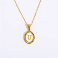 Gold oval pendant necklace with white enamel background and letter U in stainless steel - Letter U - Gold